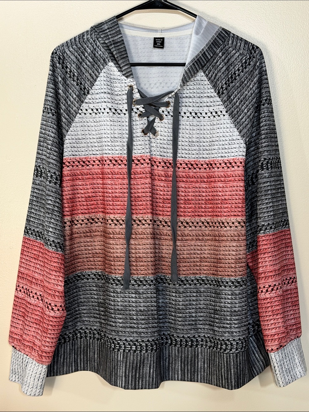 SHEIN Striped Lace-Up Knit Hoodie in Coral, Gray & White